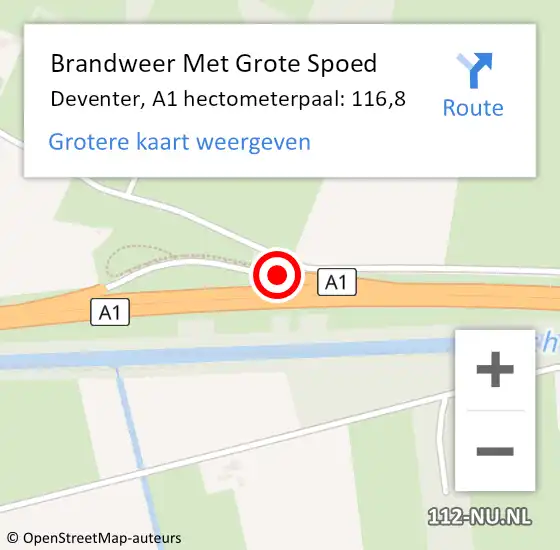 Locatie op kaart van de 112 melding: Brandweer Met Grote Spoed Naar Deventer, A1 hectometerpaal: 116,8 op 17 juni 2022 08:11