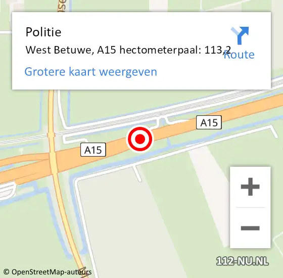 Locatie op kaart van de 112 melding: Politie West Betuwe, A15 hectometerpaal: 113,2 op 17 juni 2022 08:45