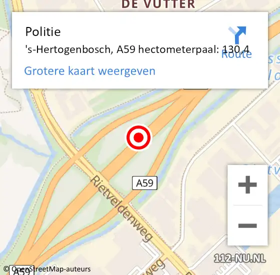 Locatie op kaart van de 112 melding: Politie 's-Hertogenbosch, A59 hectometerpaal: 130,4 op 17 juni 2022 11:17