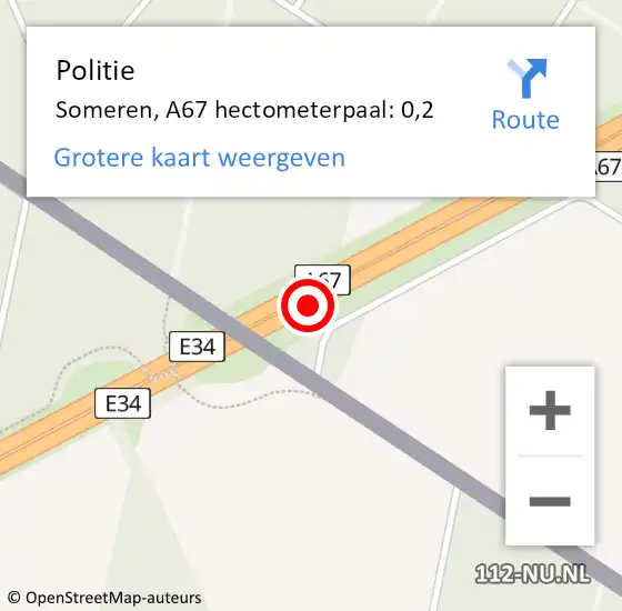Locatie op kaart van de 112 melding: Politie Someren, A67 hectometerpaal: 0,2 op 18 juni 2022 05:38