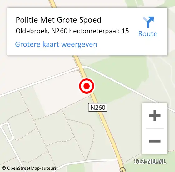 Locatie op kaart van de 112 melding: Politie Met Grote Spoed Naar Oldebroek, N260 hectometerpaal: 15 op 18 juni 2022 09:38