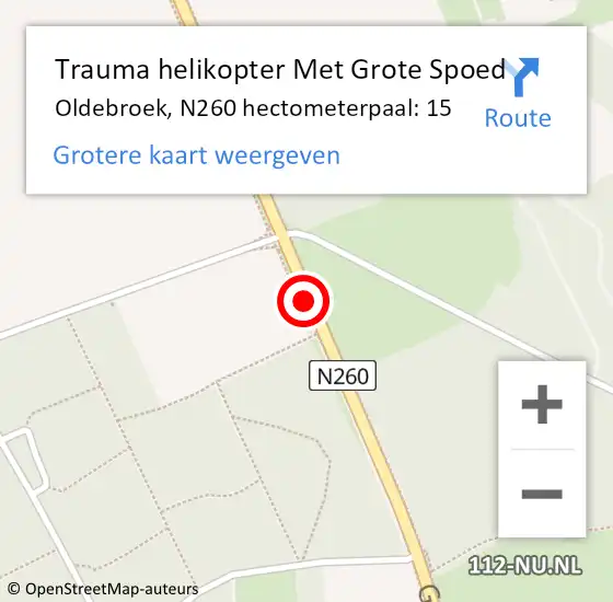 Locatie op kaart van de 112 melding: Trauma helikopter Met Grote Spoed Naar Oldebroek, N260 hectometerpaal: 15 op 18 juni 2022 09:40