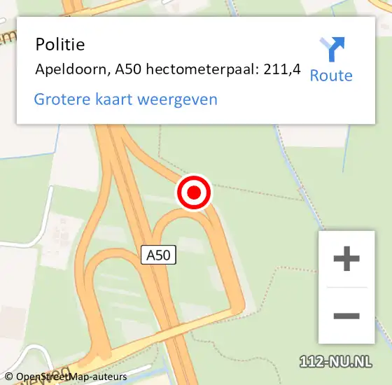 Locatie op kaart van de 112 melding: Politie Apeldoorn, A50 hectometerpaal: 211,4 op 18 juni 2022 10:45
