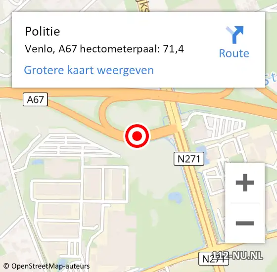 Locatie op kaart van de 112 melding: Politie Venlo, A67 hectometerpaal: 71,4 op 18 juni 2022 12:42