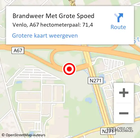 Locatie op kaart van de 112 melding: Brandweer Met Grote Spoed Naar Venlo, A67 hectometerpaal: 71,4 op 18 juni 2022 12:43