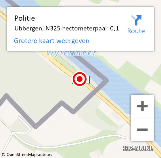 Locatie op kaart van de 112 melding: Politie Ubbergen, N325 hectometerpaal: 0,1 op 18 juni 2022 15:01