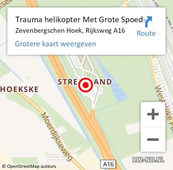 Locatie op kaart van de 112 melding: Trauma helikopter Met Grote Spoed Naar Zevenbergschen Hoek, Rijksweg A16 op 18 juni 2022 16:10