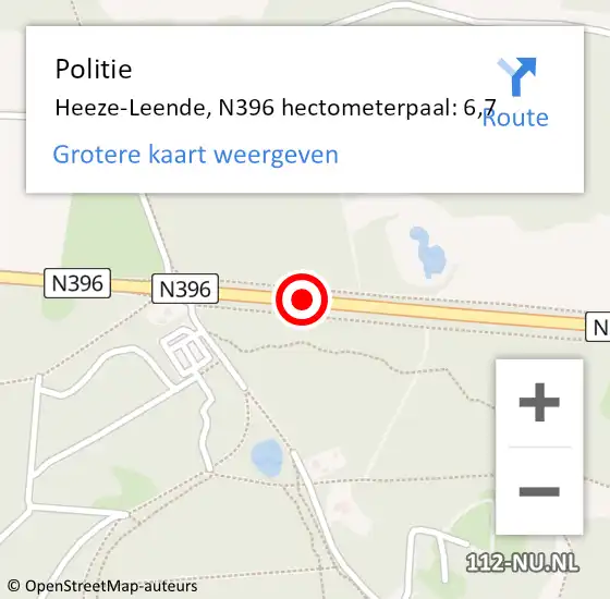 Locatie op kaart van de 112 melding: Politie Heeze-Leende, N396 hectometerpaal: 6,7 op 19 juni 2022 05:04
