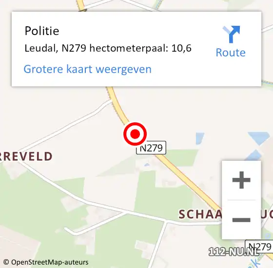Locatie op kaart van de 112 melding: Politie Leudal, N279 hectometerpaal: 10,6 op 19 juni 2022 05:26