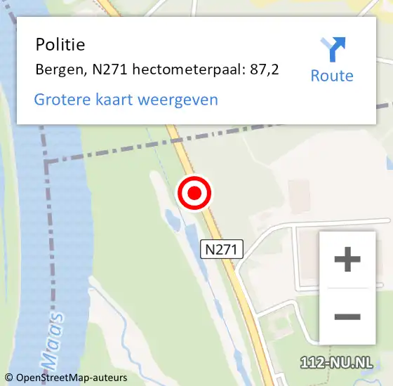Locatie op kaart van de 112 melding: Politie Bergen, N271 hectometerpaal: 87,2 op 19 juni 2022 12:54