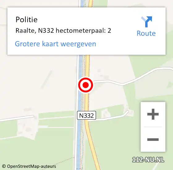 Locatie op kaart van de 112 melding: Politie Raalte, N332 hectometerpaal: 2 op 19 juni 2022 18:57