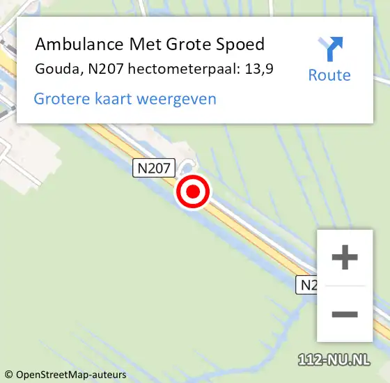 Locatie op kaart van de 112 melding: Ambulance Met Grote Spoed Naar Gouda, N207 hectometerpaal: 13,9 op 20 juni 2022 09:24