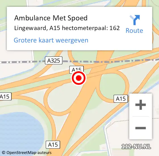 Locatie op kaart van de 112 melding: Ambulance Met Spoed Naar Lingewaard, A15 hectometerpaal: 162 op 20 juni 2022 17:36