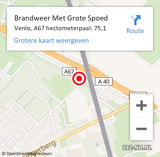 Locatie op kaart van de 112 melding: Brandweer Met Grote Spoed Naar Venlo, A67 hectometerpaal: 75,1 op 21 juni 2022 01:19