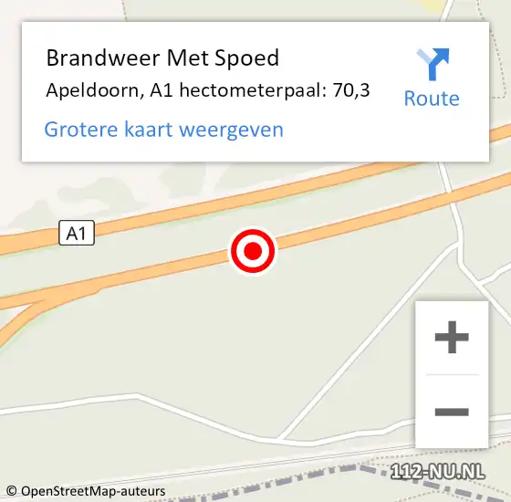 Locatie op kaart van de 112 melding: Brandweer Met Spoed Naar Apeldoorn, A1 hectometerpaal: 70,3 op 21 juni 2022 14:42