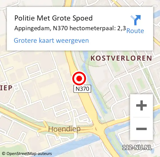 Locatie op kaart van de 112 melding: Politie Met Grote Spoed Naar Appingedam, N370 hectometerpaal: 2,3 op 21 juni 2022 18:13