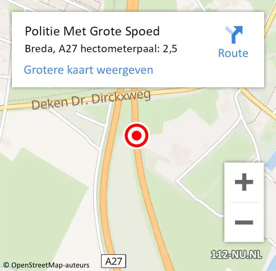 Locatie op kaart van de 112 melding: Politie Met Grote Spoed Naar Breda, A27 hectometerpaal: 2,5 op 22 juni 2022 06:15