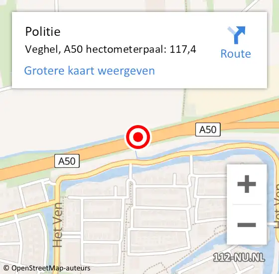 Locatie op kaart van de 112 melding: Politie Veghel, A50 hectometerpaal: 117,4 op 22 juni 2022 07:05