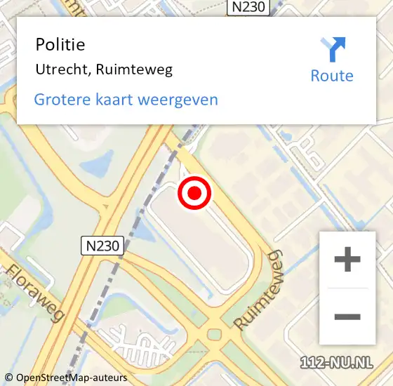 Locatie op kaart van de 112 melding: Politie Utrecht, Ruimteweg op 22 juni 2022 08:50