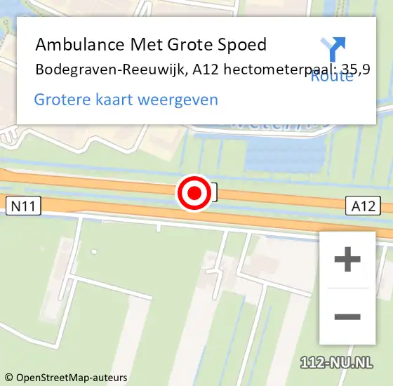 Locatie op kaart van de 112 melding: Ambulance Met Grote Spoed Naar Bodegraven-Reeuwijk, A12 hectometerpaal: 35,9 op 22 juni 2022 10:36