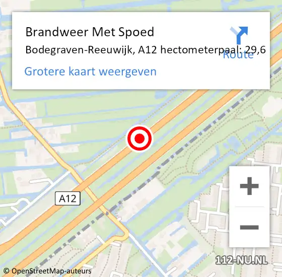Locatie op kaart van de 112 melding: Brandweer Met Spoed Naar Bodegraven-Reeuwijk, A12 hectometerpaal: 29,6 op 22 juni 2022 15:22