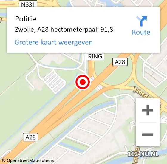 Locatie op kaart van de 112 melding: Politie Zwolle, A28 hectometerpaal: 91,8 op 22 juni 2022 16:29