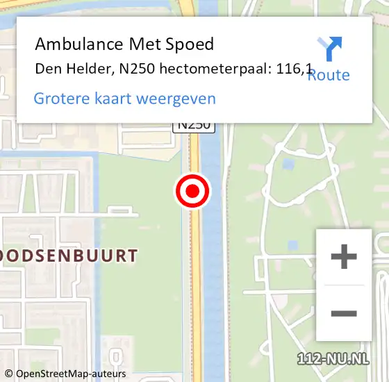 Locatie op kaart van de 112 melding: Ambulance Met Spoed Naar Den Helder, N250 hectometerpaal: 116,1 op 22 juni 2022 17:27