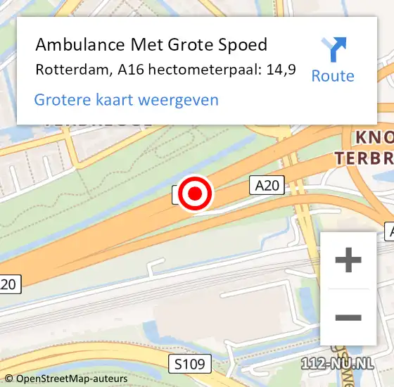 Locatie op kaart van de 112 melding: Ambulance Met Grote Spoed Naar Rotterdam, A16 hectometerpaal: 14,9 op 22 juni 2022 17:54