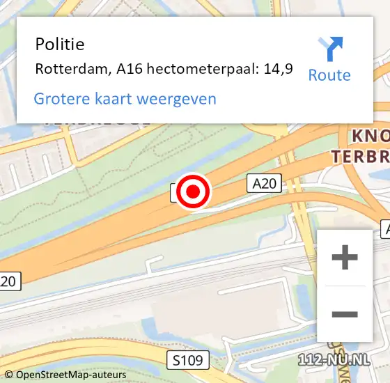 Locatie op kaart van de 112 melding: Politie Rotterdam, A16 hectometerpaal: 14,9 op 22 juni 2022 18:00