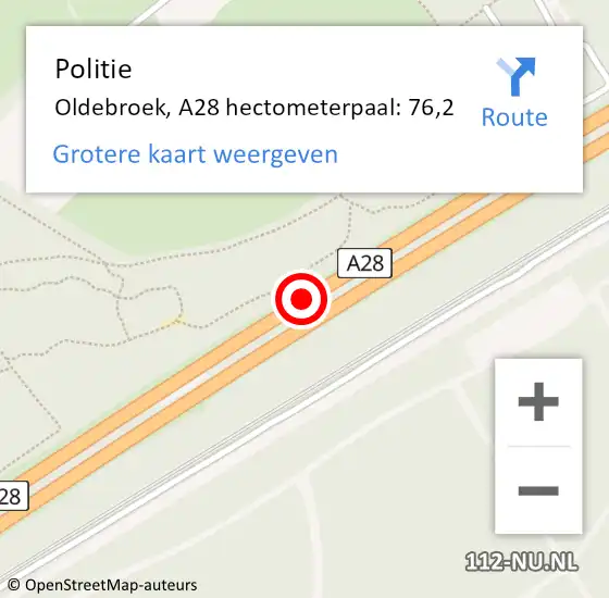 Locatie op kaart van de 112 melding: Politie Oldebroek, A28 hectometerpaal: 76,2 op 22 juni 2022 22:33