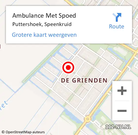 Locatie op kaart van de 112 melding: Ambulance Met Spoed Naar Puttershoek, Speenkruid op 23 juni 2022 00:55