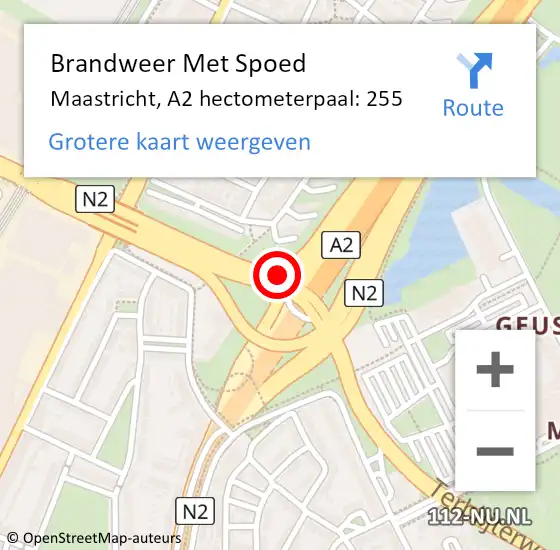Locatie op kaart van de 112 melding: Brandweer Met Spoed Naar Maastricht, A2 hectometerpaal: 255 op 23 juni 2022 08:04