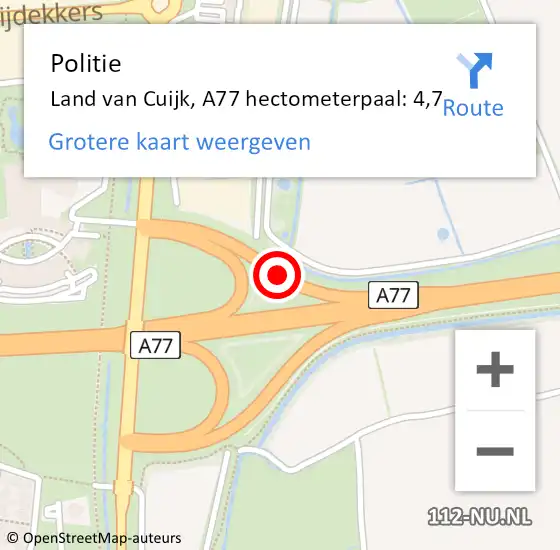 Locatie op kaart van de 112 melding: Politie Land van Cuijk, A77 hectometerpaal: 4,7 op 23 juni 2022 15:59