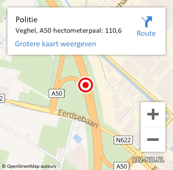Locatie op kaart van de 112 melding: Politie Veghel, A50 hectometerpaal: 110,6 op 24 juni 2022 02:47