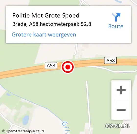 Locatie op kaart van de 112 melding: Politie Met Grote Spoed Naar Breda, A58 hectometerpaal: 52,8 op 24 juni 2022 11:06
