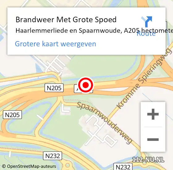 Locatie op kaart van de 112 melding: Brandweer Met Grote Spoed Naar Haarlemmerliede en Spaarnwoude, A205 hectometerpaal: 3,4 op 24 juni 2022 21:27