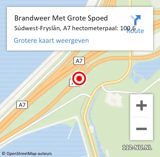 Locatie op kaart van de 112 melding: Brandweer Met Grote Spoed Naar Súdwest-Fryslân, A7 hectometerpaal: 100,6 op 24 juni 2022 23:27