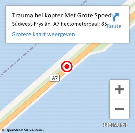 Locatie op kaart van de 112 melding: Trauma helikopter Met Grote Spoed Naar Súdwest-Fryslân, A7 hectometerpaal: 85 op 25 juni 2022 01:32