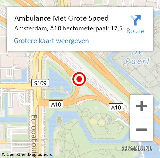 Locatie op kaart van de 112 melding: Ambulance Met Grote Spoed Naar Amsterdam, A10 hectometerpaal: 17,5 op 25 juni 2022 03:35