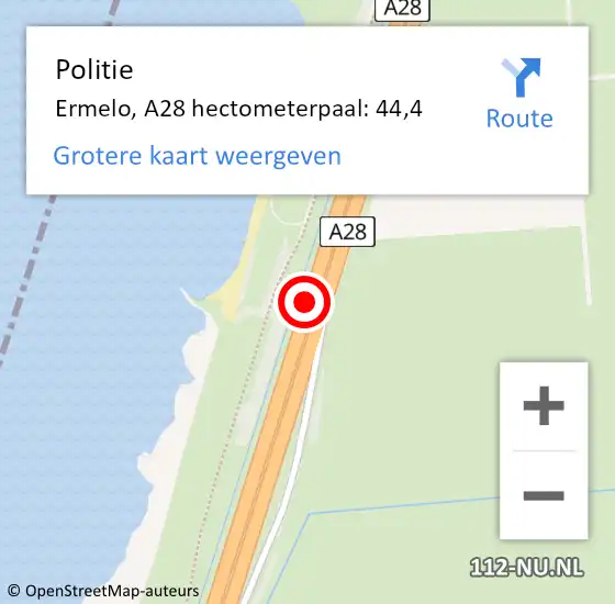 Locatie op kaart van de 112 melding: Politie Ermelo, A28 hectometerpaal: 44,4 op 25 juni 2022 08:10