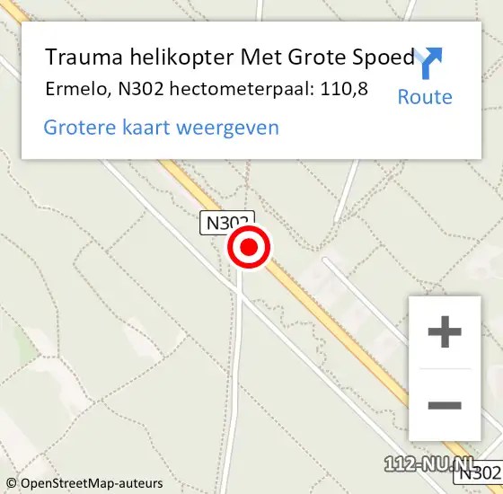 Locatie op kaart van de 112 melding: Trauma helikopter Met Grote Spoed Naar Ermelo, N302 hectometerpaal: 110,8 op 25 juni 2022 08:55
