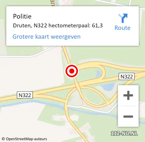 Locatie op kaart van de 112 melding: Politie Druten, N322 hectometerpaal: 61,3 op 25 juni 2022 17:23