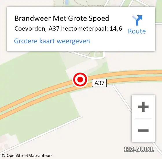Locatie op kaart van de 112 melding: Brandweer Met Grote Spoed Naar Coevorden, A37 hectometerpaal: 14,6 op 25 juni 2022 19:35