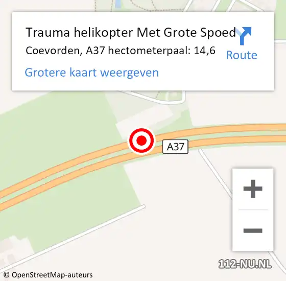 Locatie op kaart van de 112 melding: Trauma helikopter Met Grote Spoed Naar Coevorden, A37 hectometerpaal: 14,6 op 25 juni 2022 19:44