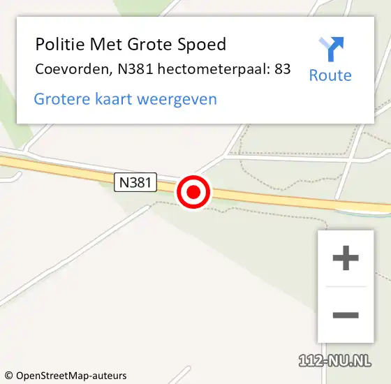 Locatie op kaart van de 112 melding: Politie Met Grote Spoed Naar Coevorden, N381 hectometerpaal: 83 op 25 juni 2022 23:03
