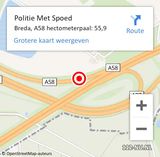 Locatie op kaart van de 112 melding: Politie Met Spoed Naar Breda, A58 hectometerpaal: 55,9 op 26 juni 2022 00:20