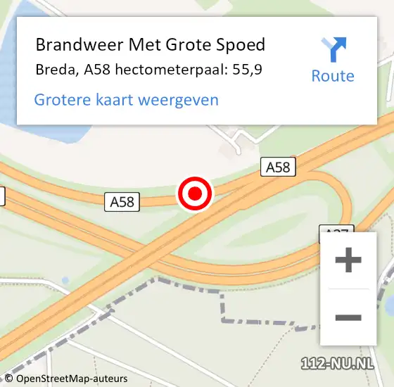 Locatie op kaart van de 112 melding: Brandweer Met Grote Spoed Naar Breda, A58 hectometerpaal: 55,9 op 26 juni 2022 00:20