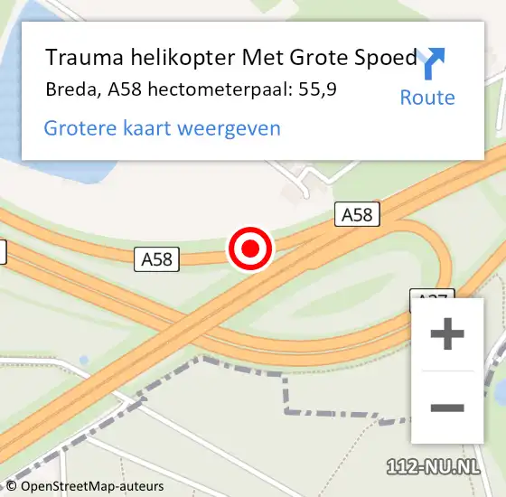 Locatie op kaart van de 112 melding: Trauma helikopter Met Grote Spoed Naar Breda, A58 hectometerpaal: 55,9 op 26 juni 2022 00:23