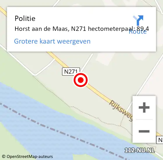Locatie op kaart van de 112 melding: Politie Horst aan de Maas, N271 hectometerpaal: 89,4 op 26 juni 2022 08:42