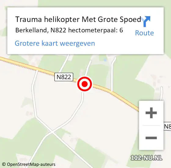 Locatie op kaart van de 112 melding: Trauma helikopter Met Grote Spoed Naar Berkelland, N822 hectometerpaal: 6 op 26 juni 2022 14:32
